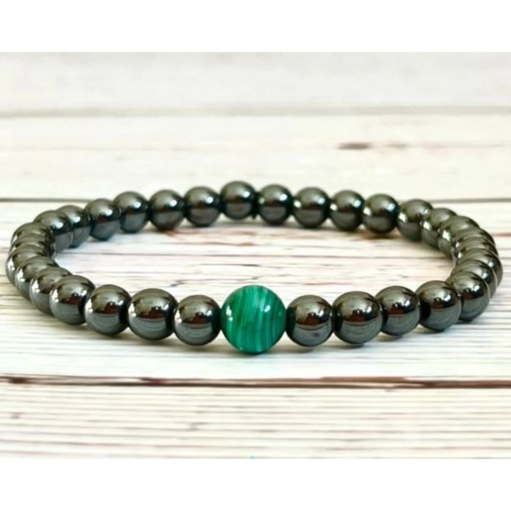 8mm Magnetic Hematite w/ Malachite Accent (Pain & Ache Relief) Stretch Bracelet